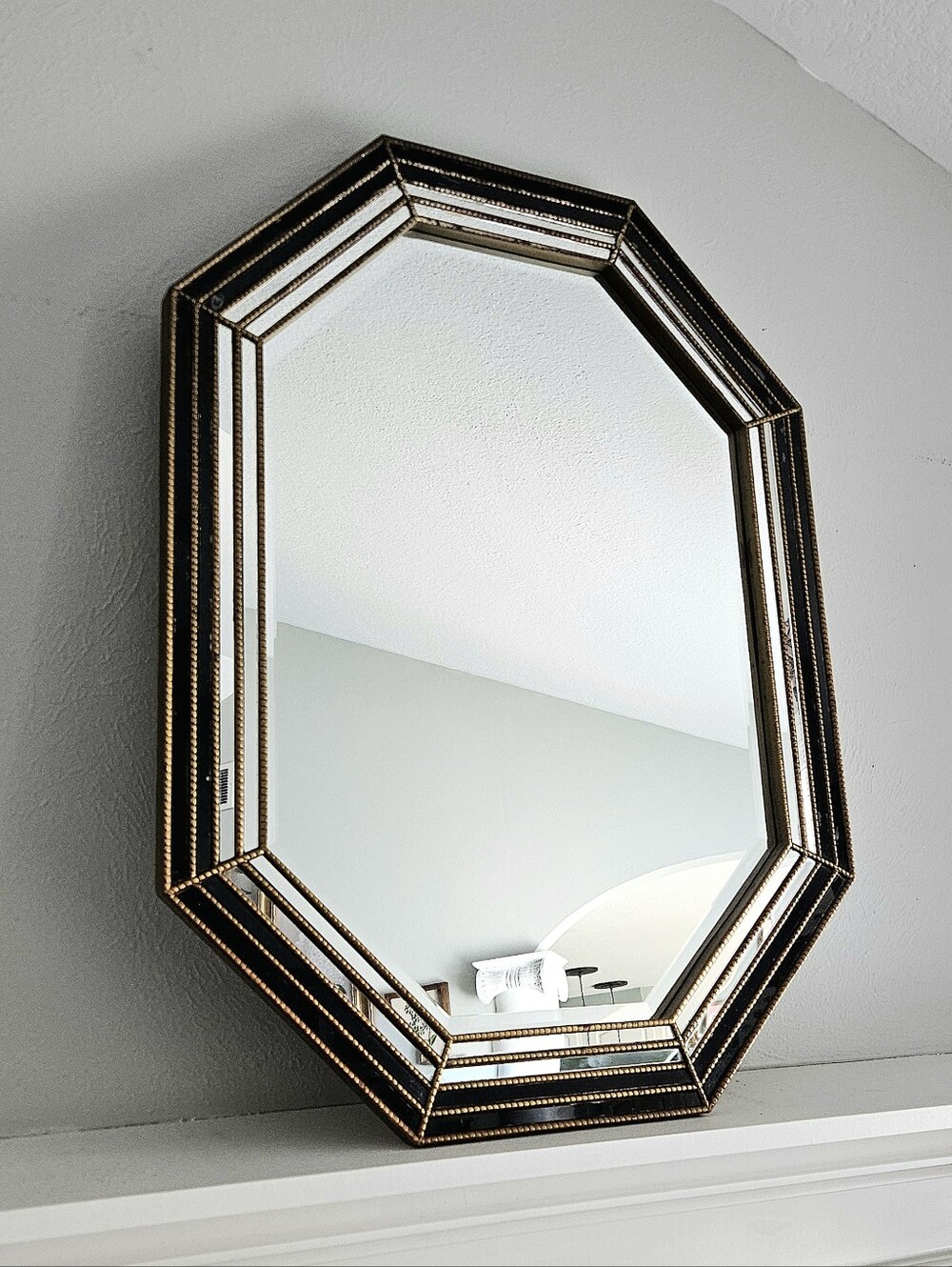 Vintage LaBarge Large Octagonal Gilt Brass Layered Mirror With Black Panels